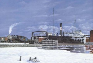 Russ Porter's painting of KGB&W #49 switching Ann Arbor car ferry No. 3 at Kewaunee circa 1930