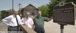 New historical marker at the museum. Left-to-right Roth Schleck, President of the Mid-Continent Railway Museum Foundation; Forrest VanSchwartz, MCRM Executive Directory; and John Gruber VP of the Foundation. 