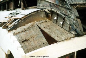 The grooves (indicated by arrows) in the clerestory sill at this location at the end of the car were cut using a handsaw and chisel.