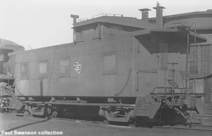 Experimental steel caboose X916749, Bensenville, IL, 11-30-47.  Paul Swanson collection.