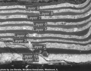 This photo of the cross section of the yellow paint layers from sample 1-13 under the hood, enlarged from the photo below, shows the layers of paint labeled by McCrone for indentification in their analysis. The light areas are the yellow paint and are labeled layers 1 through 9. In between the yellow layers are the clear varnish layers.